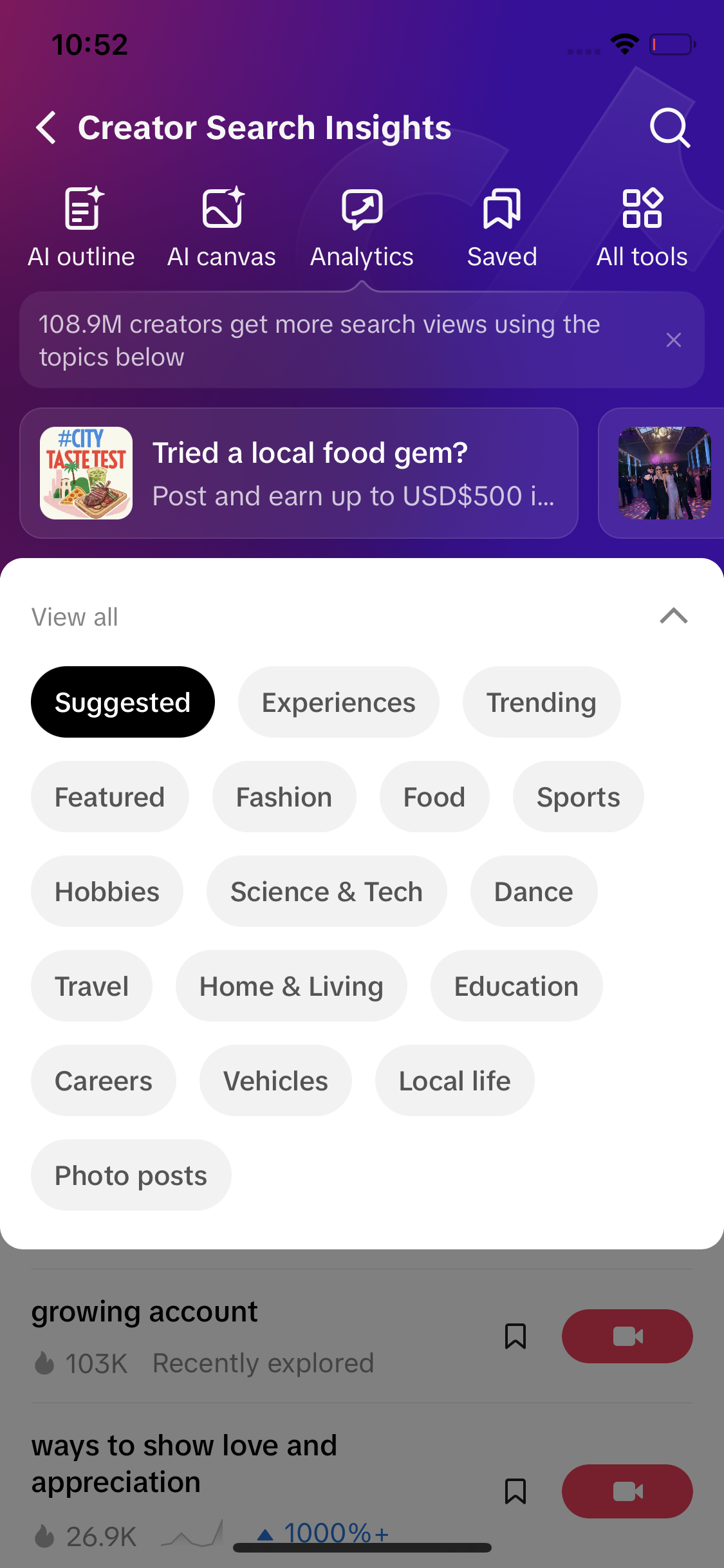 The Creator Search Insights home screen in the TikTok app, showing the Suggested, Trending and Featured channels above category chips for Fashion, Food, Sports and Travel