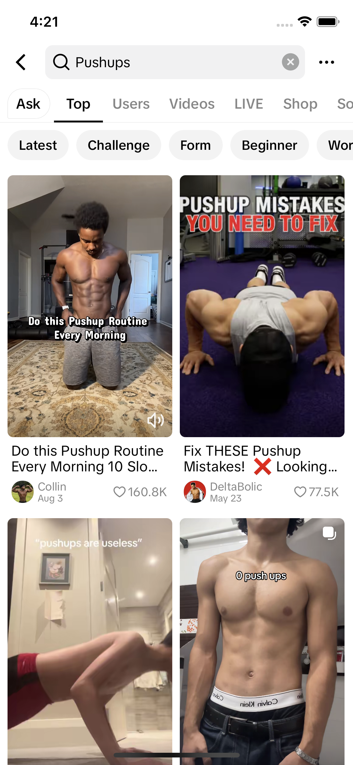 TikTok search results for push-up videos