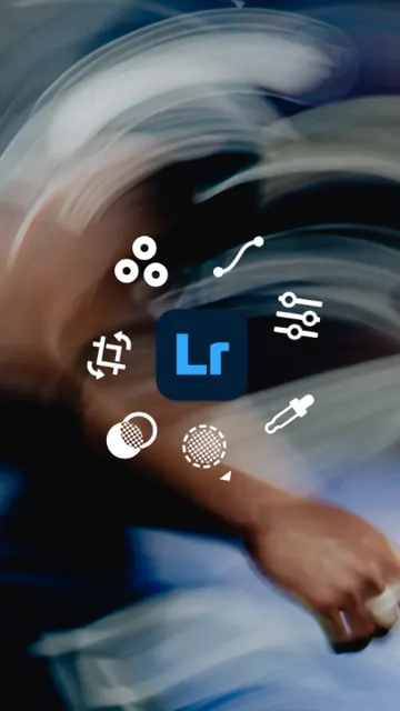 Lightroom video cover: the Lr icon surrounded by editing tool icons, from a raw-to-final edit video