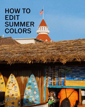 VSCO photo post cover: How to edit summer colors over a beach hut with surfboards, a swipe-through edit breakdown