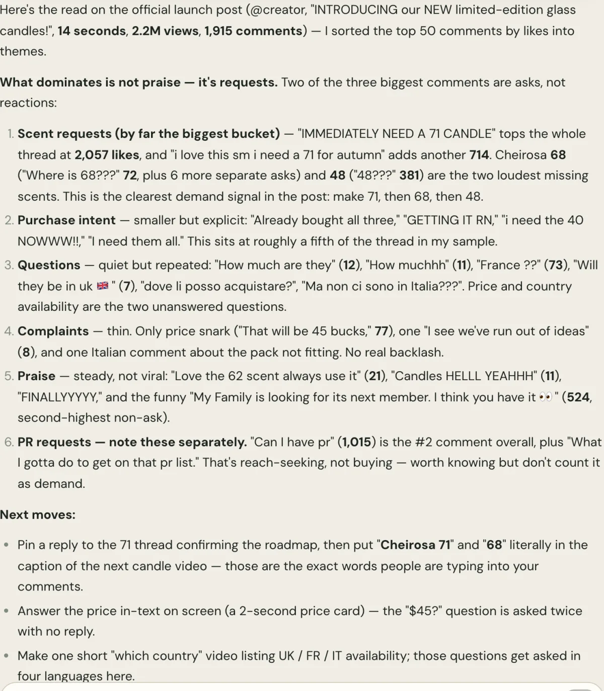 TokConnect sorting the top comments on Sol de Janeiro’s candle launch video into themes: scent requests led by a 71 candle request with 2,057 likes, purchase intent, price and country questions, thin complaints, praise and PR requests, with next moves