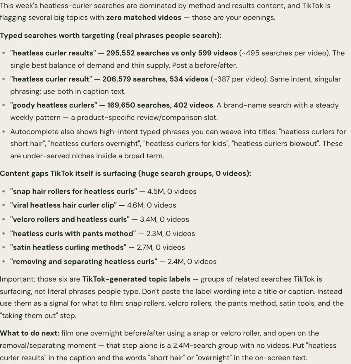 TokConnect’s written answer on heatless curler searches: typed searches first (heatless curler results 295,552 searches and 599 videos, heatless curler result 206,579, goody heatless curlers 169,650), then six TikTok topic labels with 0 videos, flagged as labels not to paste into titles