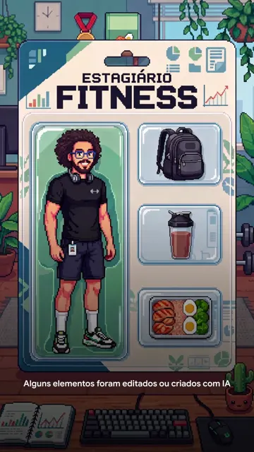 Cover frame of a Google Gemini ad: a pixel-art starter pack card titled Estagiario Fitness, from Creative Center's top ads