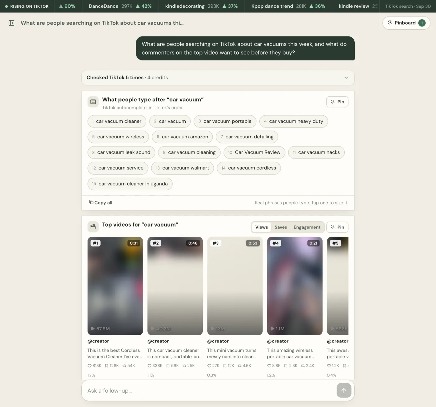 TokConnect showing TikTok searches around car vacuum with 7-day sparklines, search and video counts and TikTok label tags