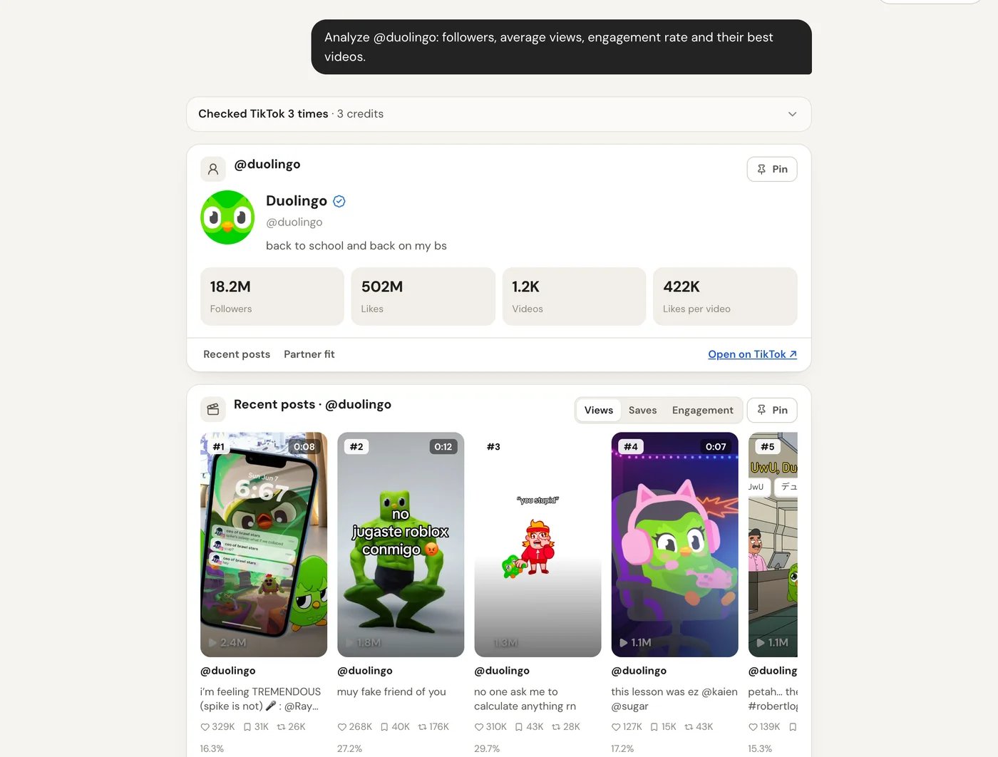 TokConnect answering “Analyze @duolingo: followers, average views, engagement rate and their best videos” with a profile card and a grid of recent posts