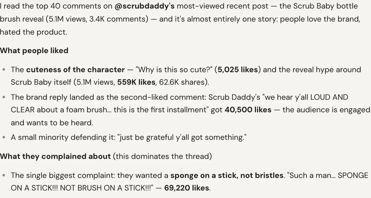 TokConnect summarising the top comments on Scrub Daddy’s most-viewed recent video, split into what people liked and what they complained about
