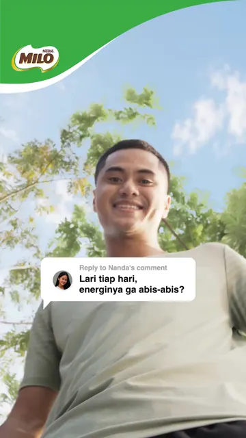 MILO PRO ad post: a runner answering a viewer comment shown as a reply sticker, the most-viewed MILO Indonesia post in the pull