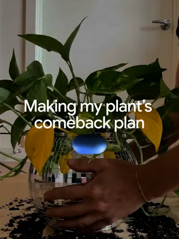 Google Gemini ad post: a hand repotting a plant in a disco-ball pot under the text Making my plant's comeback plan