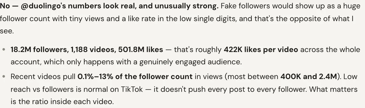 TokConnect answering whether @duolingo looks like it has fake followers, citing likes per video and views as a share of followers