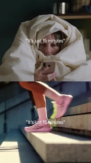 ASICS '15 minutes' challenge video: a person wrapped in a blanket, then running shoes on a step. ASICS's most-viewed recent post.