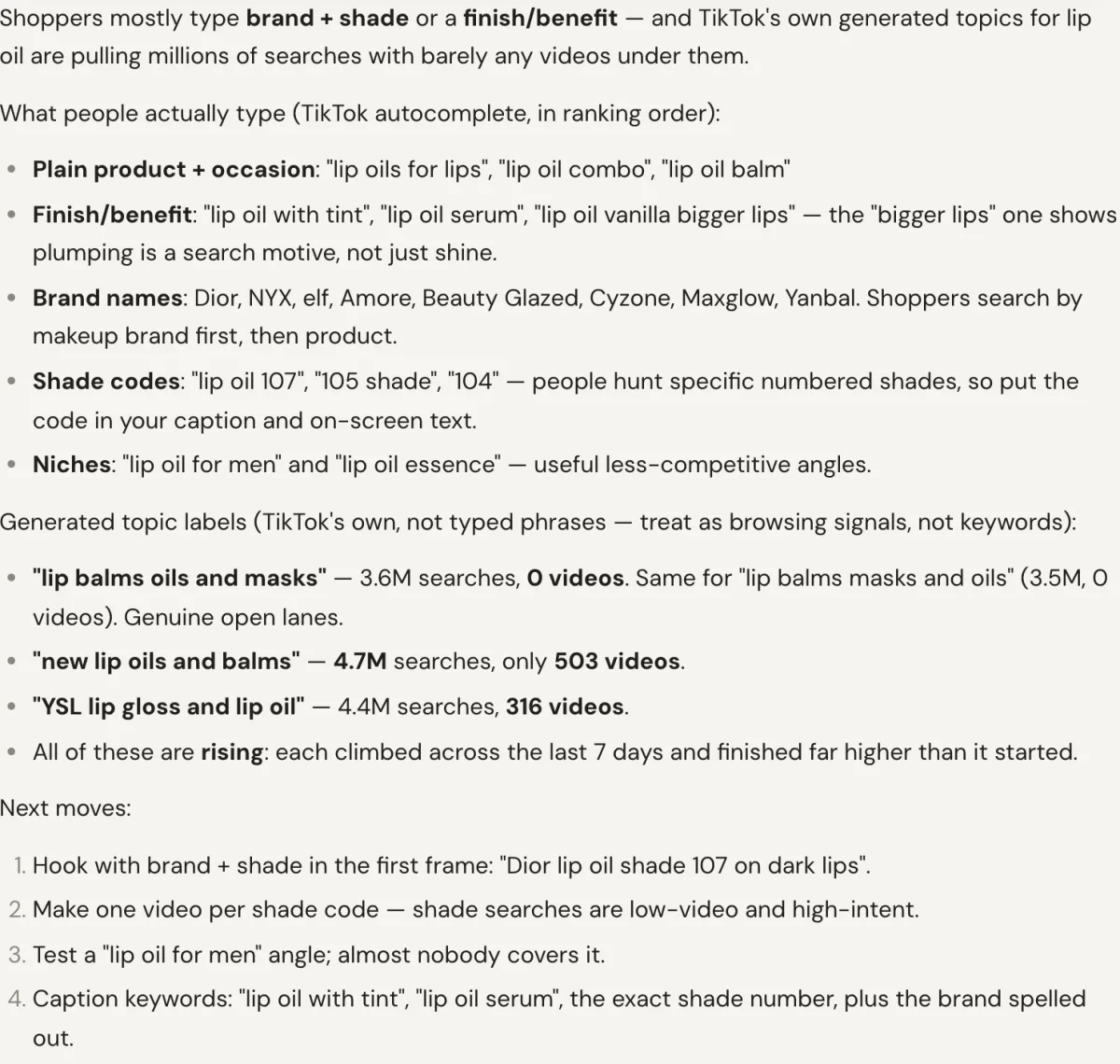 TokConnect answering what shoppers type on TikTok for lip oil: autocomplete patterns such as lip oil with tint and lip oil serum, brand names, shade codes like lip oil 107, and TikTok-generated topics such as lip balms oils and masks at 3.6M searches with 0 videos